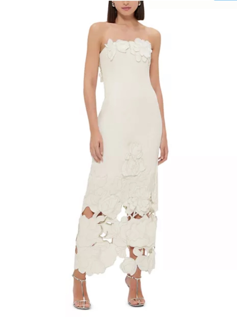 Strapless White Floral-Appliqué Midi Dress